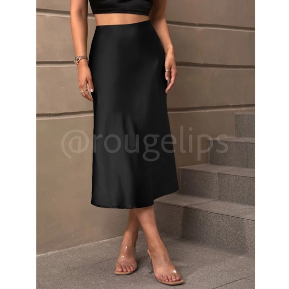 Black Satin A-Line Skirt High Waisted Midi - Picture 5 of 7